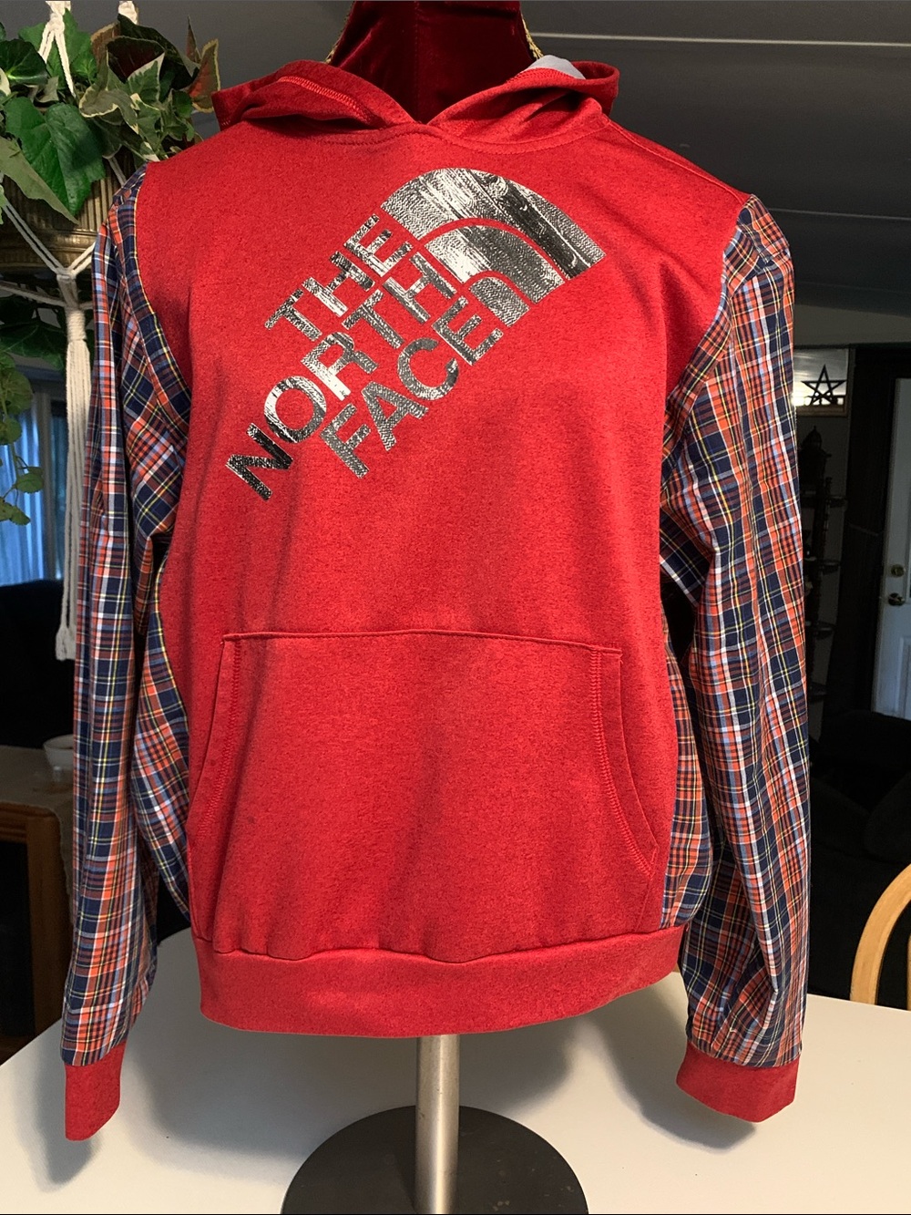Upcycled The North Face Red Graphic Hoodie with Plaid Sleeve Accents